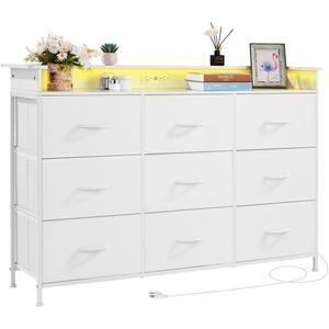  9 Drawer Dresser, Tall Drawer Dresser with Fabric Bin, Closet Storage Drawers with Sturdy Metal Frame, LED Lights & Built-in Outlet, Fabric Storage Tower for Bedroom, Hallway, Closet, White