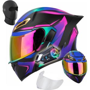 Womens Motorcycle Helmet with Bluetooth - DOT Modular Motorcycle Helmets with Dual Visor, Flip Up Full Face Purple Helmet with Speaker and Mic, Size L
