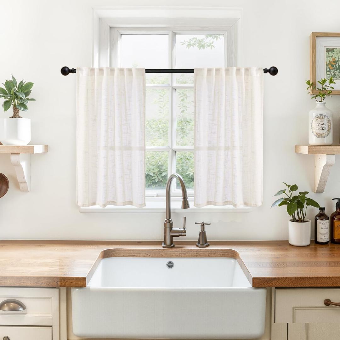 YoungsTex Linen Cafe Curtains 24 Inches Long - Small Half Drapes Semi Sheer with Rod Pocket Back Tab Rustic Natural for Bathroom Kitchen Windows Over Sink, 2 Panels, 29 X 24 Inch (Ivory White)