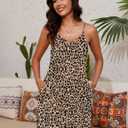 Marvmys Womens Cotton Sleeveless Nightgown Spaghetti Strap V Neck Full Slip Sleep Dress with Pockets (X-Large, Leopard)