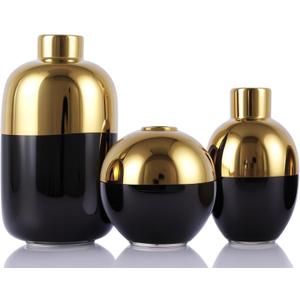 Black & Gold Ceramic Vase Set of 3, Modern Round Circle Electroplated Two-Tone Decorative Vases for Pampas Grass, Dining Table Wedding Centerpiece, Living Room Bedroom Office Bookshelf