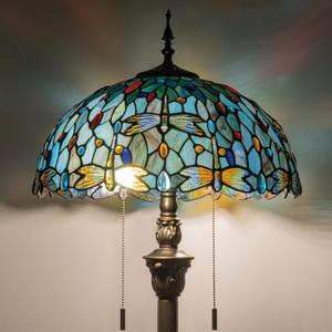Tiffany Style Floor Lamp, 16" Stained Glass Dragonfly Shade with Antique Bronze Base, 2-Light E26 Pull Chain Standing Reading Light for Living Room, Bedroom, UL Listed, 16x16x64 Inches (Sea Blue Dragonfly)