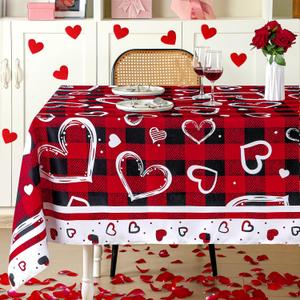 Peryiter Valentines Day Tablecloth 60 x 84 Inch Black and Red Buffalo Plaid Hearts White Bordered Fabric Tablecloth Rectangle Reusable Washable Vintage Valentine Table Cover Decorations