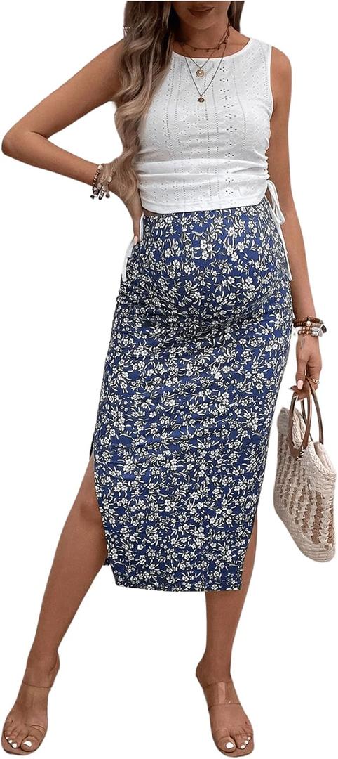 Milumia Women's Maternity Outfits 2 Piece Eyelet Ruched Tank Top and Floral Double Slit Midi Skirt Sets (X-Large, Navy Blue)
