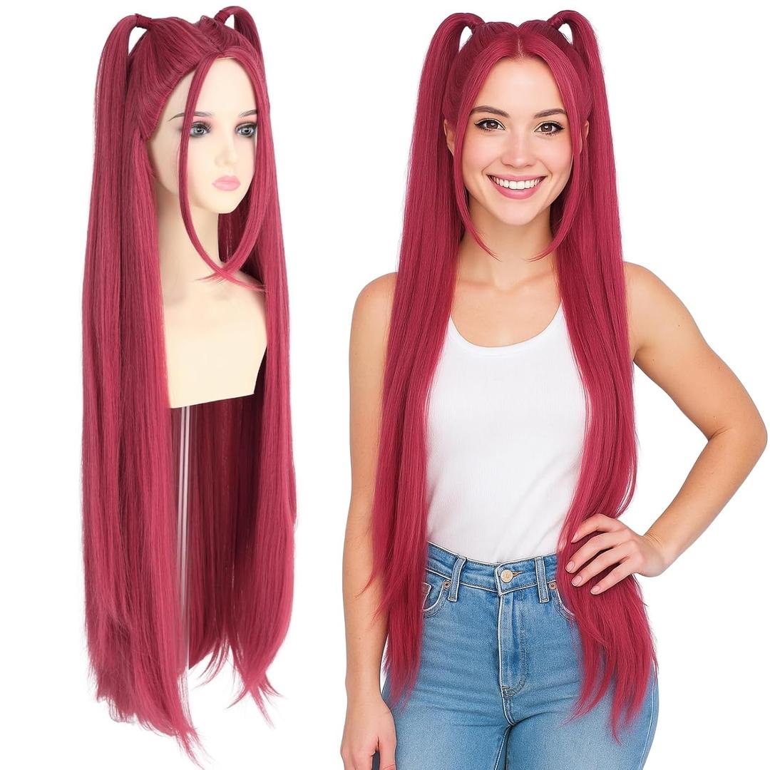 morvally 39 Inches Long Red Wig with 2 Ponytails for Women - Anime Cosplay Wigs for Womens Halloween Costume Party (Red, Adults) (Adult (Single Unit))