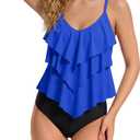 Period Swimwear Layered Ruffled Two Piece Tankini Swimsuit Flounce Top | Tiered Ruffle Style,V-Neck,Adjustable Straps,Mid Waist Bathing Suit Bottom,Removable Pad,Pool Beach Resort,Teen Women (Black, XS)
