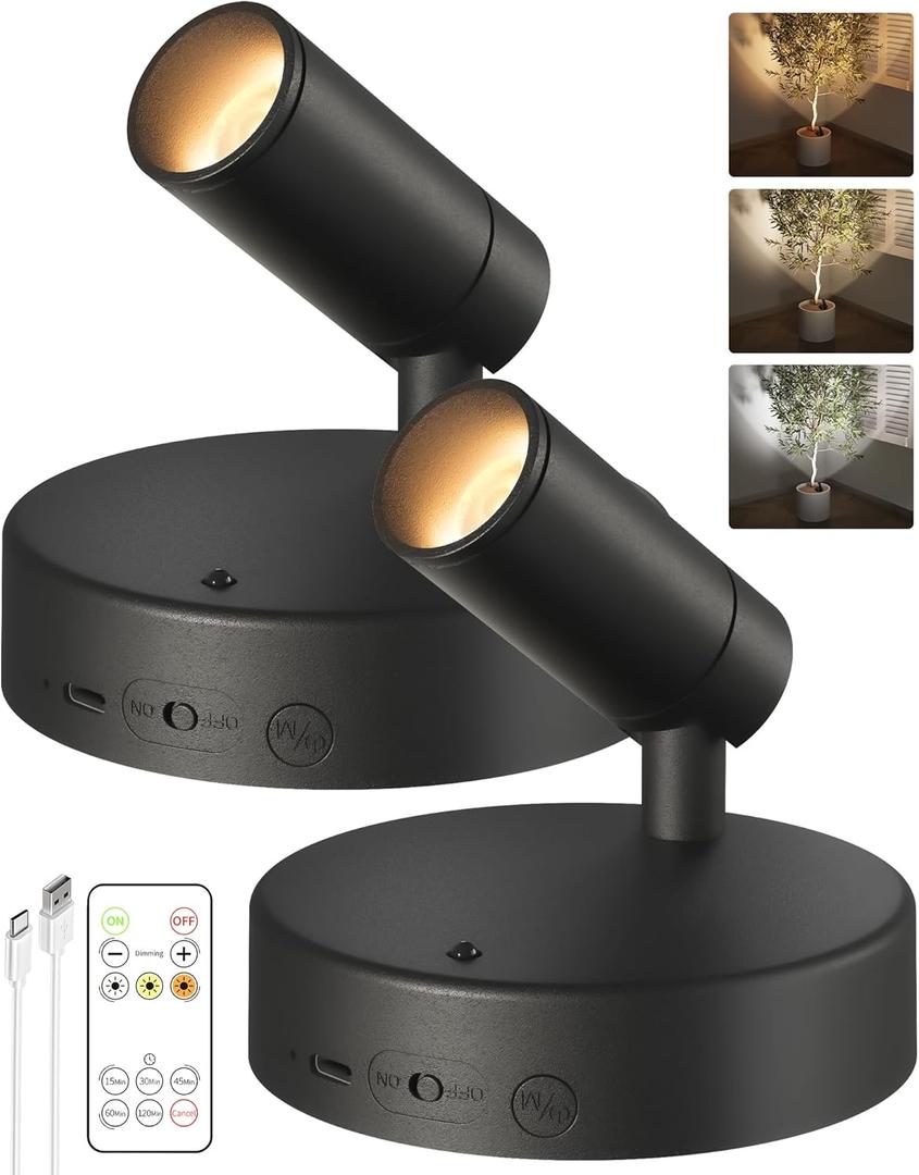 EZVALO Spotlights Indoor with Remote,5500mAh Rechargeable Plant Spotlight Indoor, Wireless LED Uplighting with TimerDimmable, 3CCT,Mini Spot Lights for Painting,Artwork,Accent Lighting (2 Pack-Black)