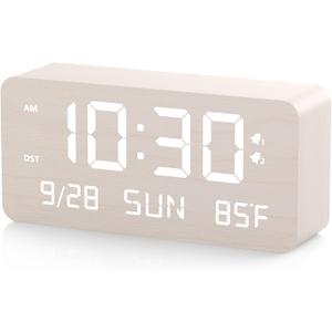 Wooden Digital Alarm Clock for Bedroom - Desk Clock with Date, Day of Week, Temperature, Dual Alarms, Dimmer, USB Port Charge, DST, Adjustable Volume for Living Room/Office Wood Decor (White)