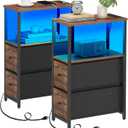 TUTOTAK Small Narrow LED End Table with Charging Station, Side Table Outlets, Nightstand with 2 Cloth Drawers, Set of 2, Couch Table, for Living Room, Bedroom, Bedside, Brown TB01BB056