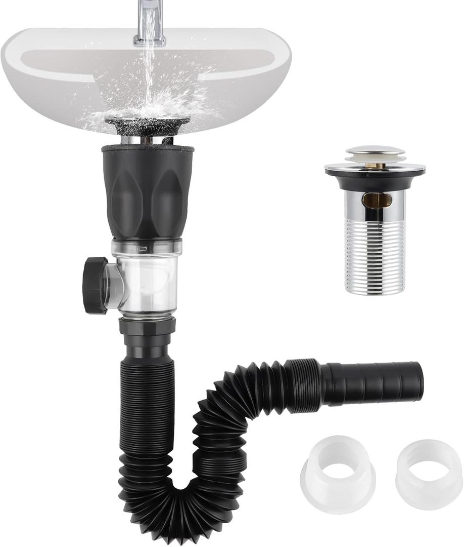 iFealClear Bathroom Sink Drain Kit, Flexible P-Trap Drain Pipe with Pop Up Stopper, Expandable Bathroom Sink Pipe Replacement with 2 Adapters, Fits 1-1/4'', 1-1/2'', 2" Holes, Hair Catcher, Chrome