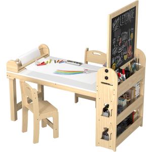 3 in 1 Wooden 45.3"L x 23"W Kids Art & Craft Table and 2 Chairs Set, Magnetic Double-Sided BlackBoard & WhiteBoard and Paper Roll Rack, Toddler Activity Center and Station for Drawing(White)-SK