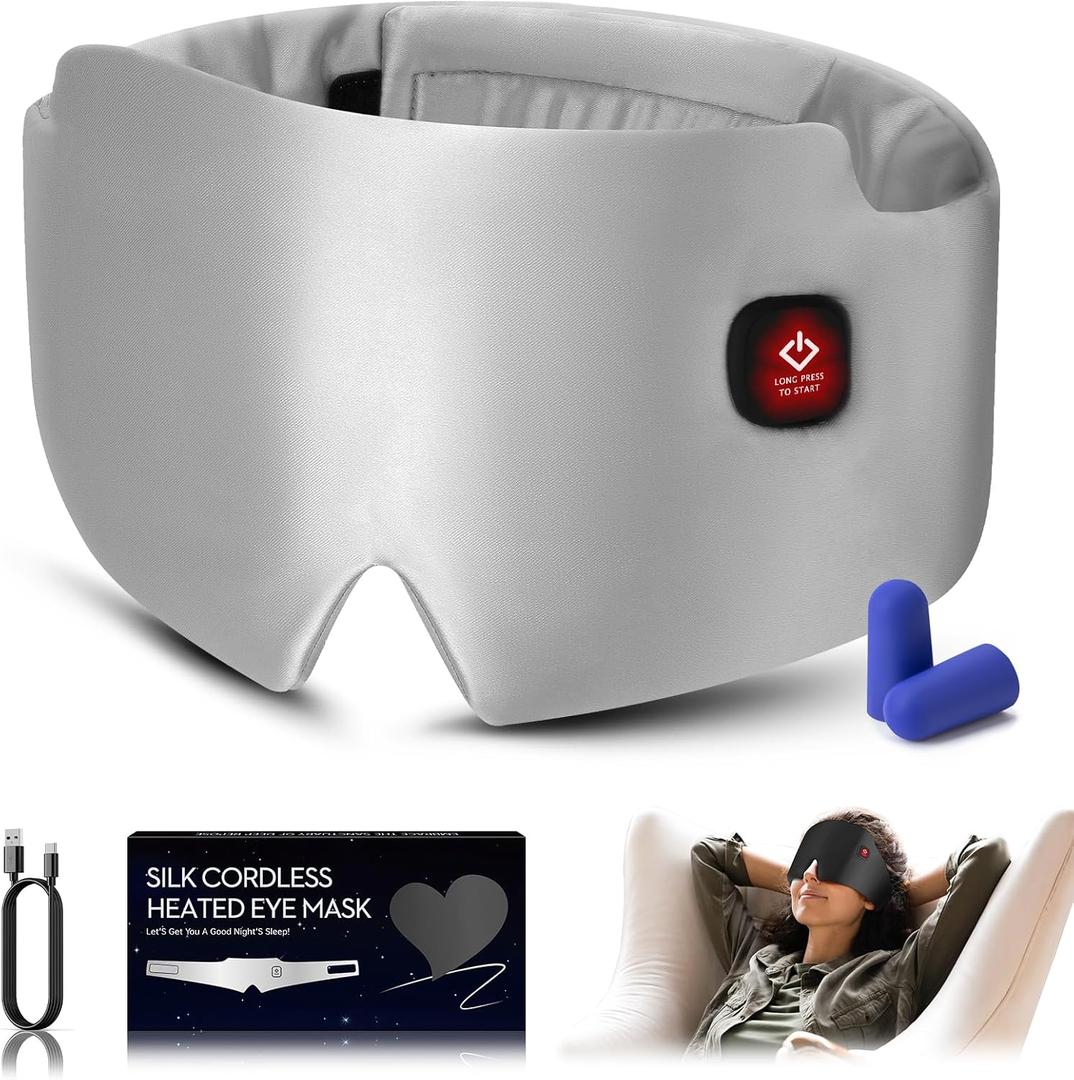 Silk Heated Eye Mask, 2000mAh Large Size Cordless Sleep Mask Warm Eye Compresses Electric Eye Heating Pad for Stye Blepharitis Dry Eyes Sinus Migraine Gifts for Men Woman (White)