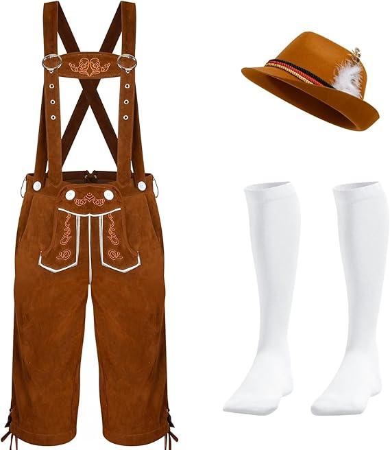 QZYL Lederhosen Men, Oktoberfest Costume Set, Traditional Bavarian Lederhosen Hat Socks Outfit for Men Oktoberfest Party  SIZE XL 
