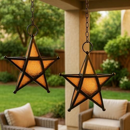 VELA LANTERNS Set of 2 Decorative Hanging Star Candle Lanterns – Moroccan Style Amber Glass & Metal Tealight Holders for Indoor, Outdoor, Patio, and Home Decor
