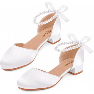 Girls Pearl Ankle Strap Heels, Bow Block Heel Dress Sandals for Wedding | Elegant Girls Dress Sandals With Pearl Ankle Strap, Satin Bow, And Low Block Heel, Ideal For Weddings, Parties (White) 2Y