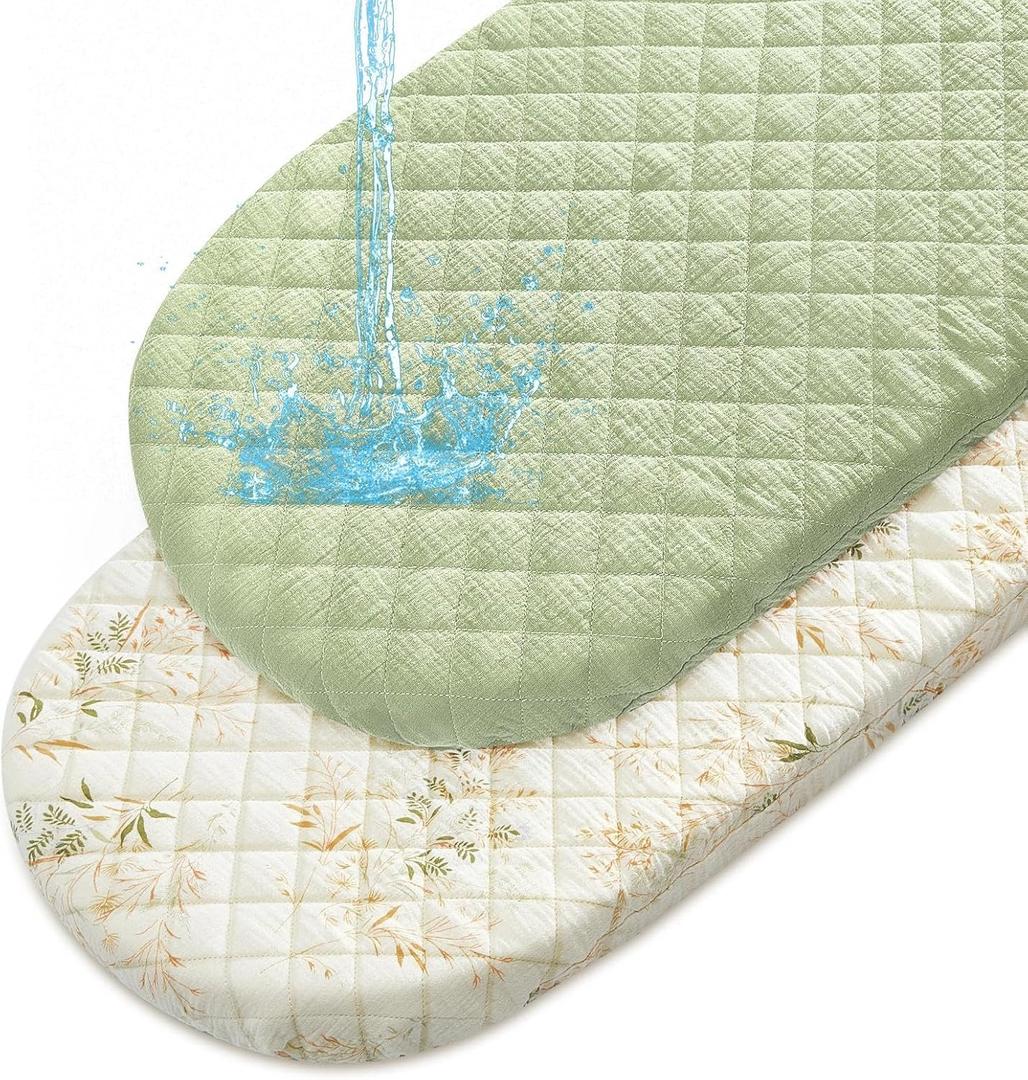 Muslin Bassinet Sheets Waterproof Baby Bassinet Mattress Sheets 2 Pack Thickened Ultra Soft Fitted Crib Cover 33" x 17" for Oval Cradle, Rectangular Mattress Pad, Green