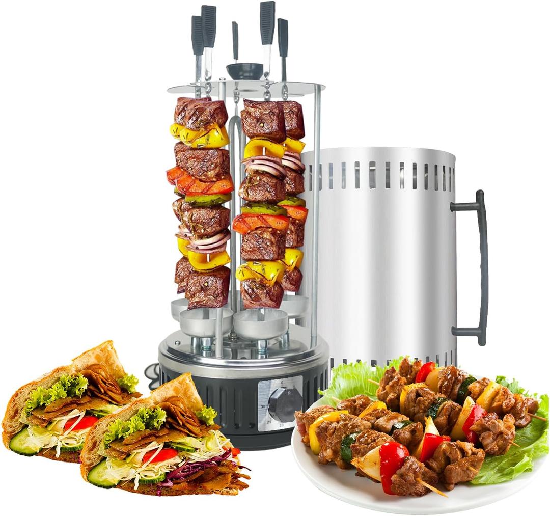 Upgraded Countertop Vertical Rotating Oven - Rotisserie Shawarma Machine, Kebob Machine, Stainless Steel Body W/Heat Resistant Door, Includes 5 Skewers & 5 Oil Collecting Cups, US Plug, 110V