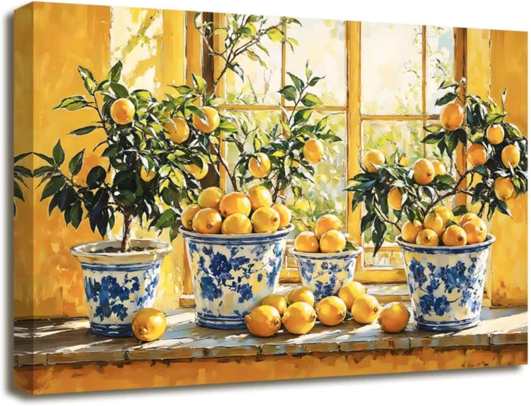 XLMDYYSW Lemon Wall Art Citrus Prints for Kitchen Wall Decor Yellow Fruit Pottery Canvas Picture Blue Classical Painting for Farmhouse Bathroom Framed (Orange, 12.00" x 18.00")