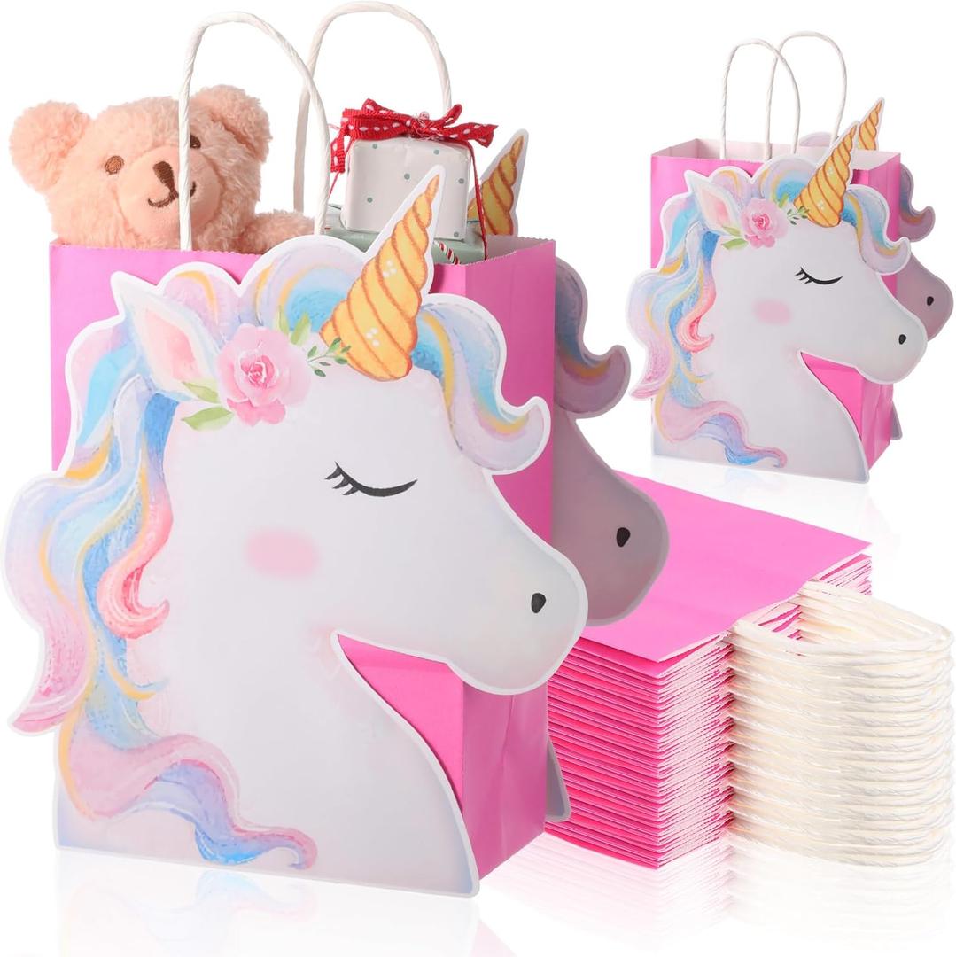 Kolldenn 24 Pack Unicorn Party Favor Bags Goody Bags with 48 Pcs Cardstocks and Handles for Unicorn Birthday Party Gift Goody Treat Candy for Unisex Favors