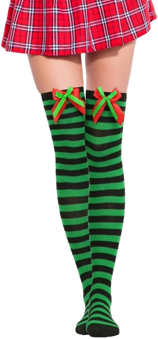 Holiday Hero Christmas Knee-High Socks, one pair, fits size 4-10, Sexy Stockings, Holiday Socks, Christmas Socks (Large, Black & Green Stripes)