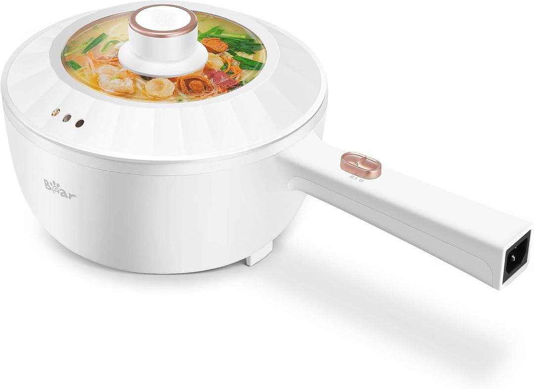 Bear Hot Pot Electric, 2L Multifunctional Portable Cooking Pot, 1000W Rapid Noodles Electric, Non-Stick Frying Pans for Steak, Egg, Ramen, Oatmeal With Dual Power Adjustment, White