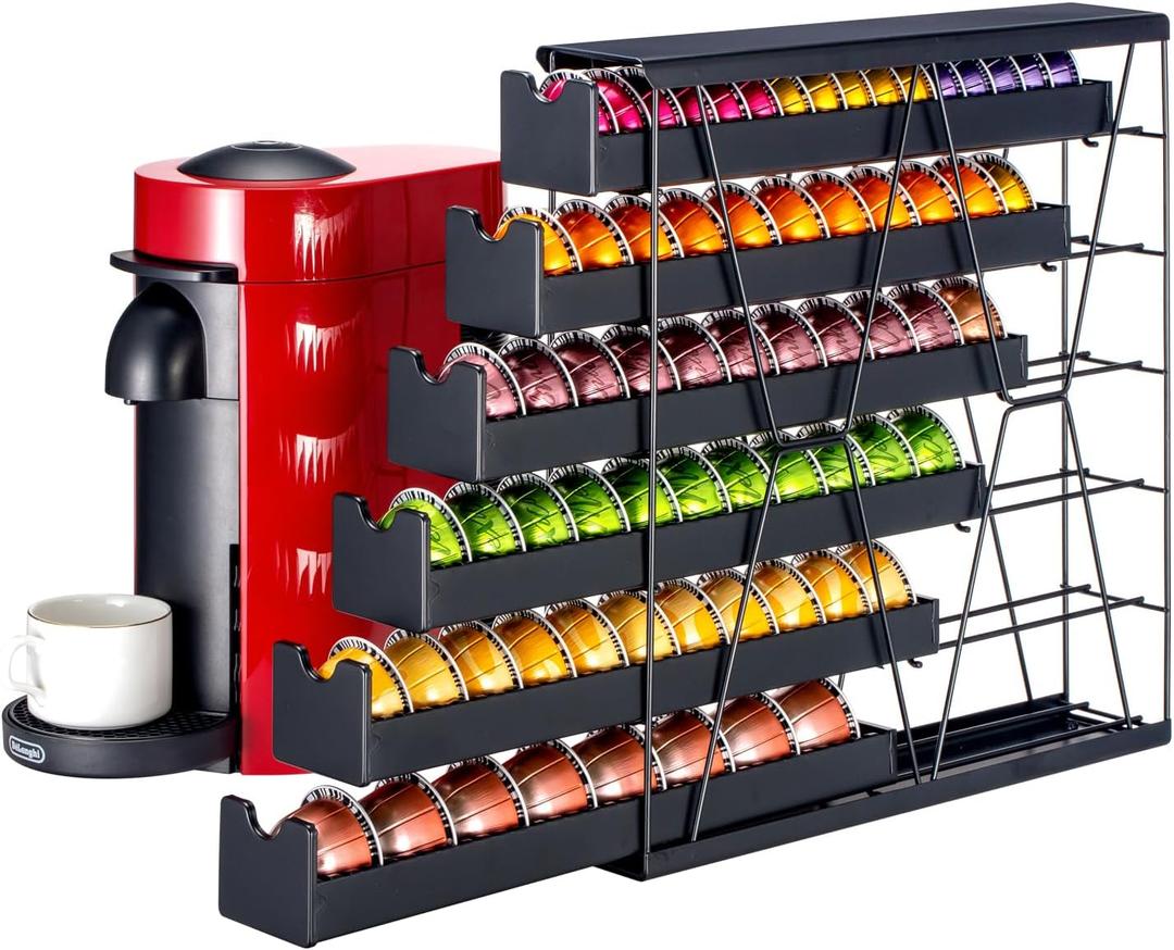 FlagShip 6-Tier Vertuo Pod Holder for Nespresso - 60+ Capsule Max Capacity Metal Rack, Ultra-Efficient Corner Storage Space Saving Design