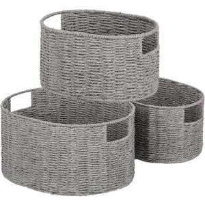 Vagusicc Wicker Storage Basket, Set of 3 Hand-woven Storage Baskets for Organizing, Round Large Wicker Baskets for Storage Decor, Pantry Storage Cubes Organization Baskets for Shelves, Grey