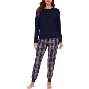 GYS Women's Pajama Sets Bamboo Viscose Long Sleeve Sleepwear with Pants Soft Pjs Lounge Set Ladies Loungewear (Large, Navy Plaid/Tapered-leg)