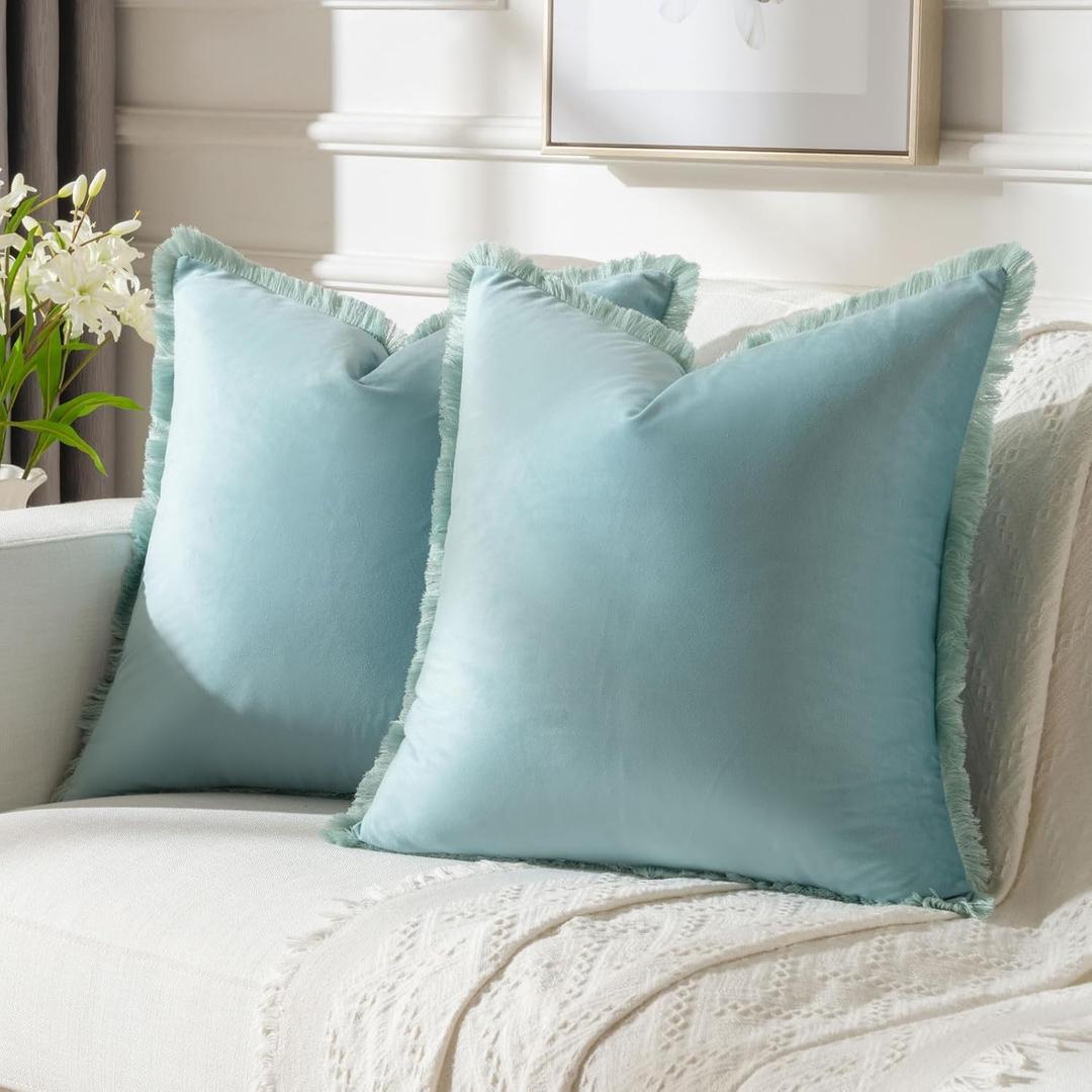 FUTEI Aqua Velvet Decorative Throw Pillow Covers 18x18 Set of 2,Soft Cozy Edge with Tassels Cushion Case,Boho Modern Home Decor for Couch Bed Living Room (18" x 18" (Pack of 2), Aqua)