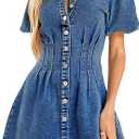 KDF Summer Denim Dress for Women Puff Sleeve Slim Fit Jean Dresses for Women 2025 Casual Size XL