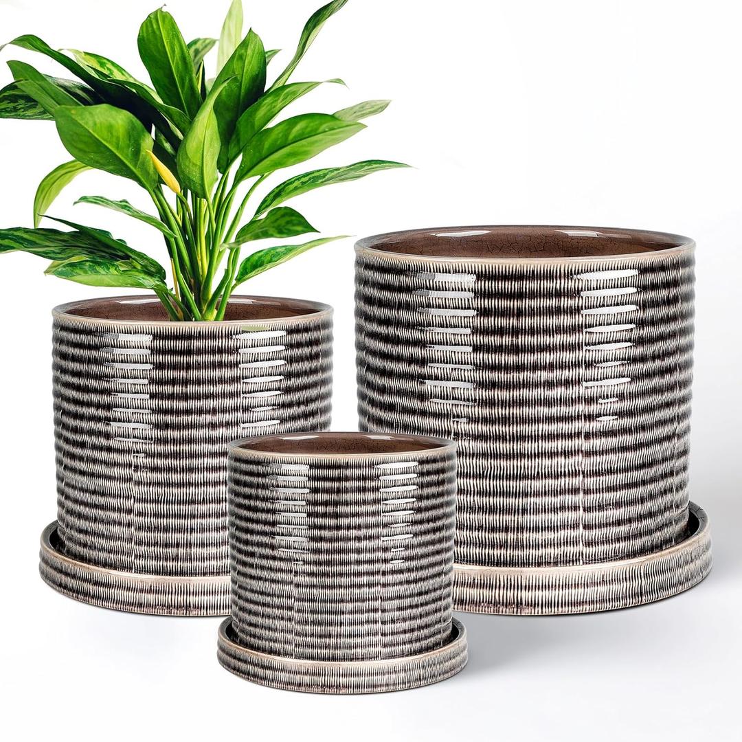 EFISPSS Ceramic Plant Pots, 6+8+10 Inch Ceramic Pot for Plants, Flower Pots with Drainage Hole and Saucer, Planters Pot for Indoor Outdoor Plants, Set of 3 - Brow (Gray)