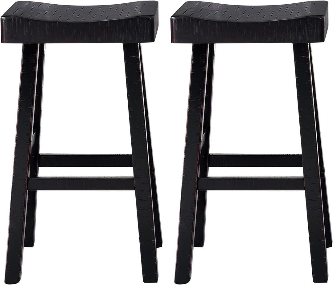 Wooden Bar Stools Set of 2, 24 Inch Saddle Stools, Bar Charis Counter Height Stools with Footrests, Industrial Barstools for Dining Room, Kitchen Island, Counter, Home Bars, Rustic - Black
