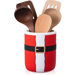 Christmas Utensil Holder with Sleeve Santa Ceramic Utensil Crock Holiday Xmas Kitchen Decoration for Farmhouse Countertop Storage Organizer Christmas Holiday Indoor Home Storage Organizer Container