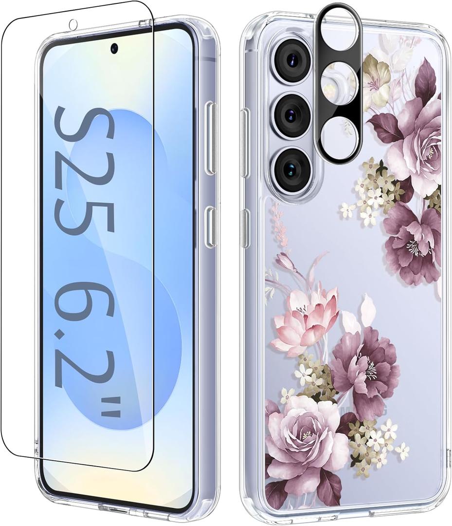 GVIEWIN for Samsung Galaxy S25 Case, Clear Floral Slim Shockproof Protective Women Phone Case, Non-Yellowing, with Screen Protector & Camera Lens Protector for Galaxy S25 6.2", Cherry Blossoms