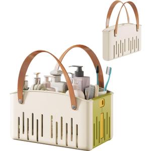 Portable Shower Caddy,Foldable Shower Caddy with Handle and Adjustable Divider,Plastic Shower Storage Basket,Quick Dry Bathroom Shower Organizer Bin for College,Dorm Room,Travel Essentials (Green)