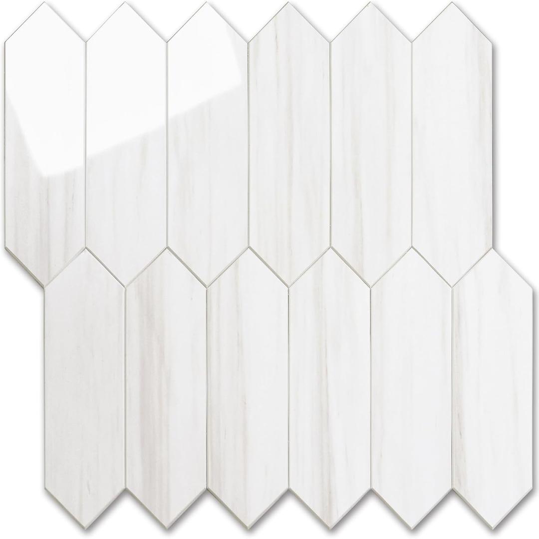 Vamos Tile Glossy Dolomite White Backsplash Tile Peel and Stick, 12.8 x 12.8 Inch 10 Sheets Long Hexagon PVC Self Adhesive Mosaic Wall Tiles Stick on Backsplash for Kitchen and Bathroom