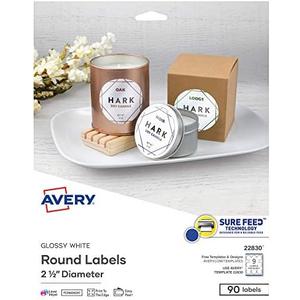 Avery Printable Round Labels with Sure Feed, 2.5" Diameter, Glossy White, 72 Customizable Labels