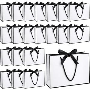 Lemecima 20 Pcs Large Bow Ribbon Gift Bags Bulk 11x4x8 Inches Elegant Black and White Paper Gift Wrap Bags with Handles for Christmas Wedding Baby Shower Birthday Party Holiday
