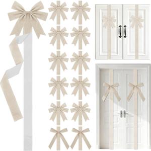 Crowye 14 Pcs Valentine's Day Cabinet Ribbons Bows Include 2 Pcs 14 x 6.6 Ft Large Valentine's Day Door Bows Ribbons Decorations for Party Home Kitchen Gifts Supplies(Beige,Velvet,Novel)