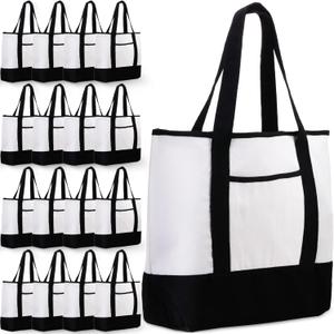 Reginary 16 Pcs Canvas Tote Bags Bulk with Outer Pocket 18 Inch Reusable Shopping Grocery Blank Tote Bag for Women Mother DIY (Black White)
