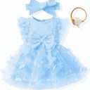 Renotemy Baby Girl Tulle Tutu Dress Blue Butterfly Sleeveless 1st Birthday Dress for Baby Girl Shower Gifts Boho Fairy Baptism Princess Wedding Birthday Party Dresses with Flower Headband 12-18 Months