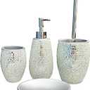 Exquisite Silver Glass Sequins Resin Bathroom Accessory Set,4 Pcs - Soap Dish,Lotion Dispenser,Toothbrush Cup,Toilet Brush & Holder,Modern Luxury Bathroom Set
