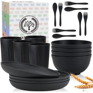 Homienly Wheat Straw Dinnerware Sets, Homienly 20pcs Unbreakable Microwave Dishwasher Safe Tableware Lightweight Bowls, Cups, Plates Set Reusable Dinner Plates Bowls set (Matte Black)