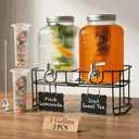2-Pack 1-Gallon Glass Drink Dispensers with Heavy-Duty Wire Stand - 304 Stainless Steel Spigot & Mixing Spoon - 100% Leakproof Mason Jar Beverage Dispenser for Parties, Fridge, Kombucha - Wide Mouth