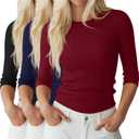 Ficerd 3 Pack 3/4 Sleeve Tops for Women, Cotton Knit Ribbed T Shirts Basic Slim Fit Casual Stretch Tees Crew Neck Shirts,Large