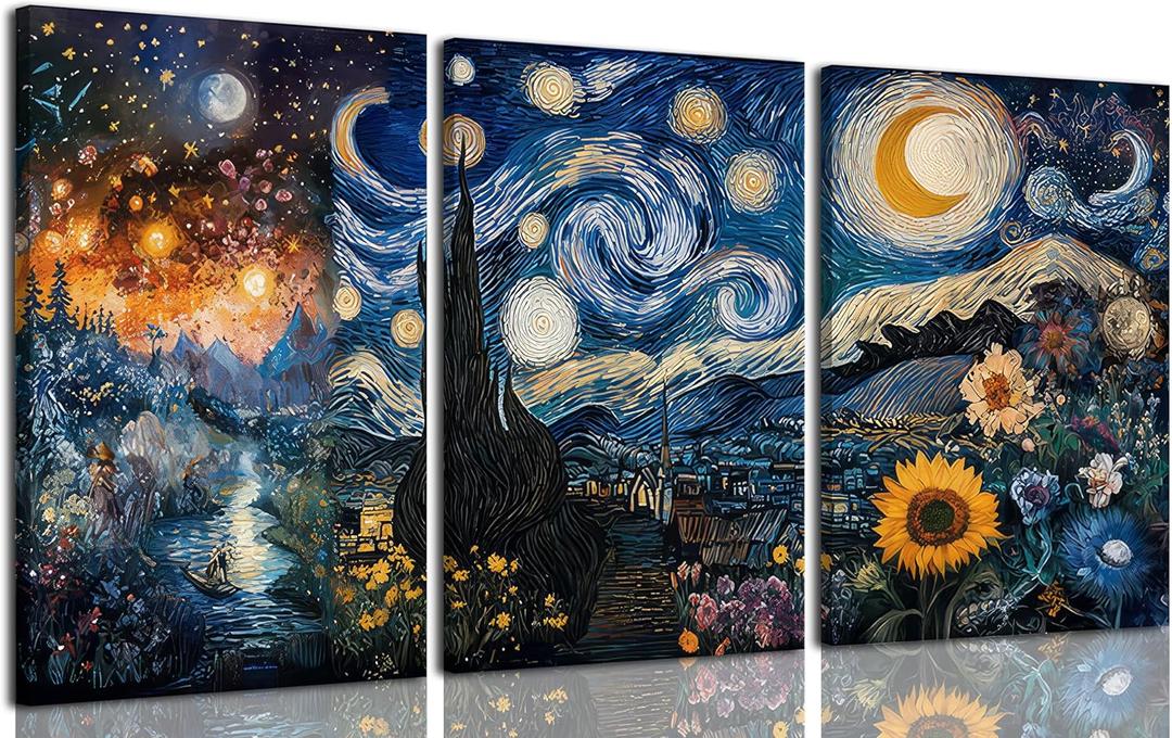GHTGCMKX 3pcs Blue Abstract Starry Night Canvas wall art Blue Night Starry Sky Scenery Painting Picture Wall Decor Abstract Landscape Print Artwork for Living Room Office Home Decoration (16L" x 12W")