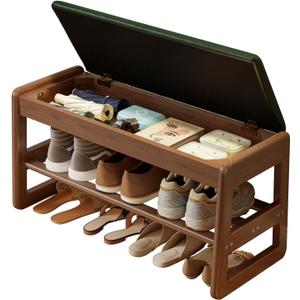 AQIMUELE Shoe Rack Bench,2 Tiers Shoe Bench with Storage with Flip-Top,Wood Shoe Rack for Entryway,HallwayGreen Upholstered Seat,11.8" D x 31.5" W x 15.7" H
