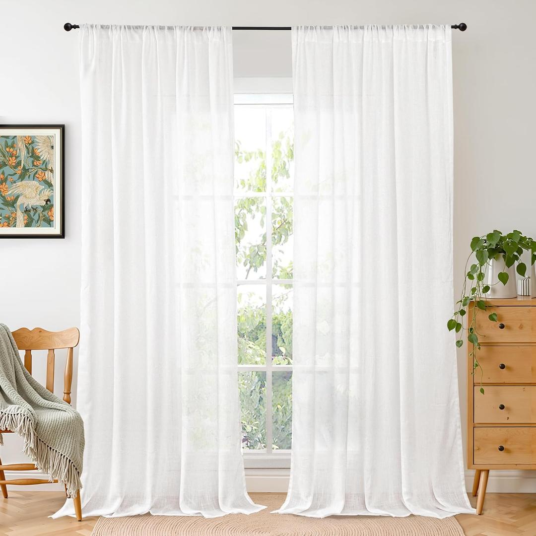 BGment White Linen Semi Sheer Curtains 84 Inch Length for Living Room - Rod Pocket Light Filtering Drapes for Bedroom Dining Long Window Treatments Lightweight, 2 Panels Set, 52 X 84 Inch