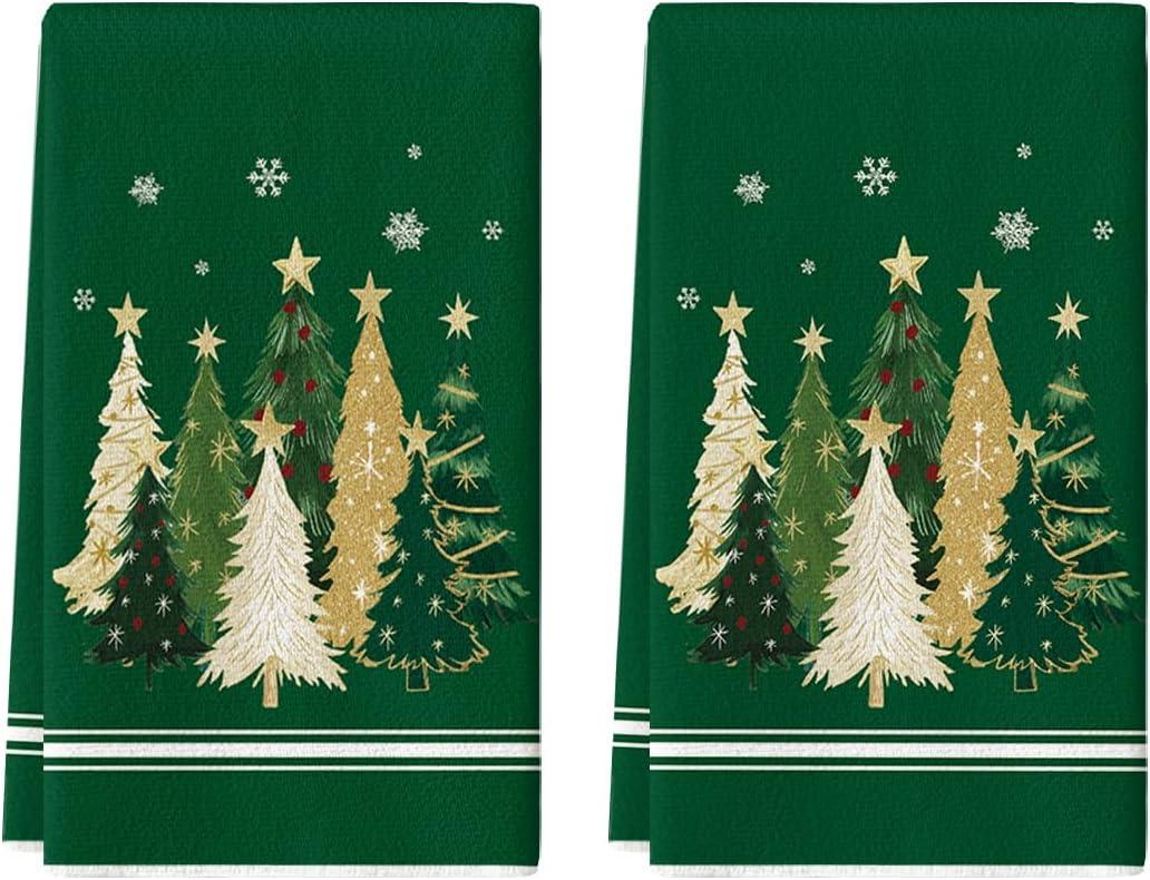 Artoid Mode Green Xmas Tree Star Christmas Kitchen Towels Dish Towels, 18x26 Inch Farmhouse Snowflakes Decoration Cleaning Set of 2