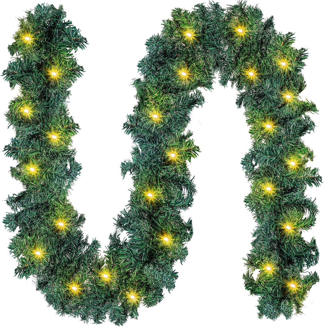 Lyrow 9 ft Christmas Garland with 50 LED Light Battery Operated String Light Waterproof Lighted Outdoor Christmas Garland for Stair Mantle Fireplace Front Porch Indoor, Warm White(1 Pcs)